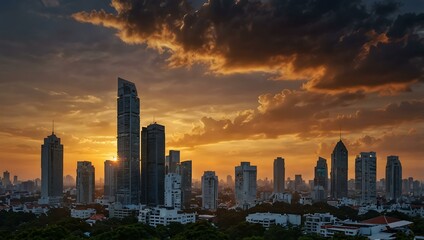 Bangkok city view at sunset, creating a relaxing atmosphere.
