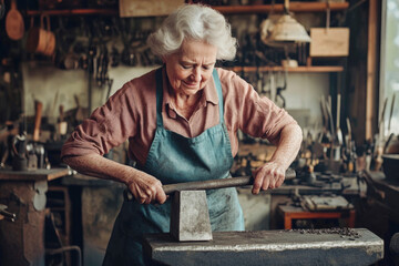 Elderly woman blacksmith crafting metal in rustic workshop