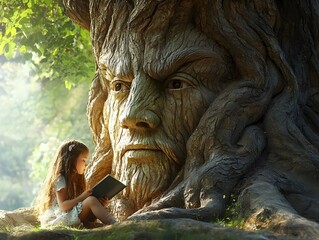 Enchanted Girl Reading Book Under Mystical Ancient Tree with Carved Face Listening to Her Story
