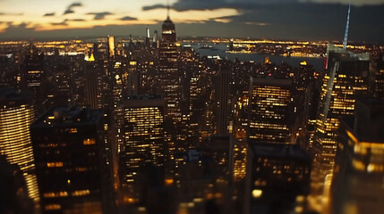 Fototapeta premium aerial night view of new york city skyline with illuminated buildings and golden hour light