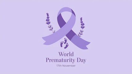 Fototapeta premium World Prematurity Day Graphic with Purple Ribbon, Delicate Footprints, and Lavender Elements on a Soft Lavender Background