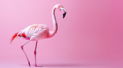 A single pink flamingo stands on a pink background.