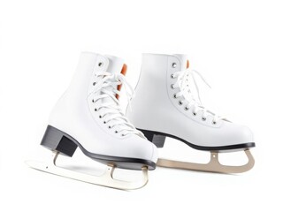 Two white ice skates with orange laces