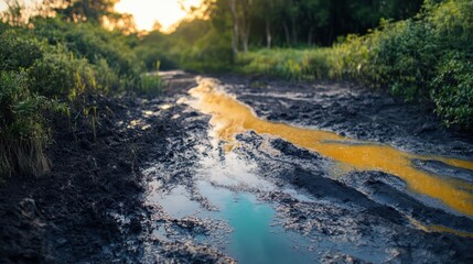 A tranquil muddy stream bordered by lush green vegetation during sunset.