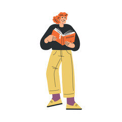 Woman with Book and Interesting Literature Enjoy Hobby Vector Illustration