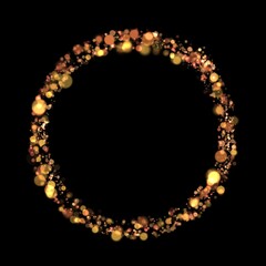 Gold sparkle or glitter lights effect round or circle frame, transparent light bokeh, isolated. Golden border, jewel deco art. Shining dust glowing confetti. Spark object. Png