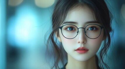 Fototapeta premium A young woman with glasses in a soft-focus background, capturing a serene moment indoors during daylight
