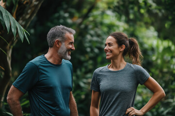 Obraz premium A man and a woman are smiling at each other in a forest