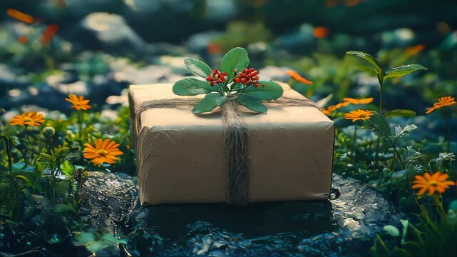 A natural, eco-friendly gift box wrapped with twine and decorated with leaves and berries, placed among vibrant flowers