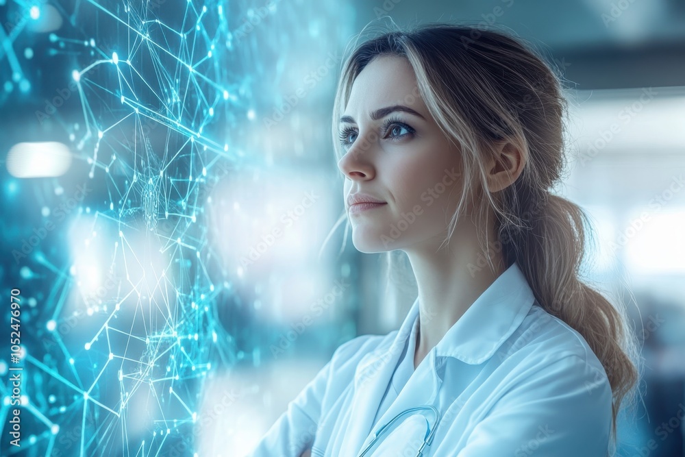 Poster a focused scientist studies complex data visualizations displayed on a digital interface in the lab