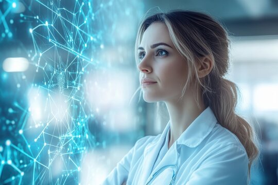 A focused scientist studies complex data visualizations displayed on a digital interface in the lab