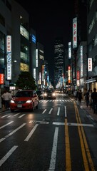 Busy street in Tokyo at night.