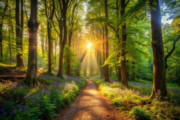 Serene Woodland Pathway with Sunlight Streaming Through Foliage for Tranquil Nature Video