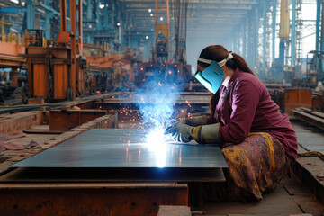Female welder at work in industrial factory setting creating sparks with welding torch