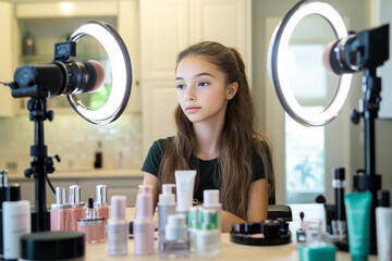 Young beauty influencer filming skincare routine with camera and ring light in modern home studio