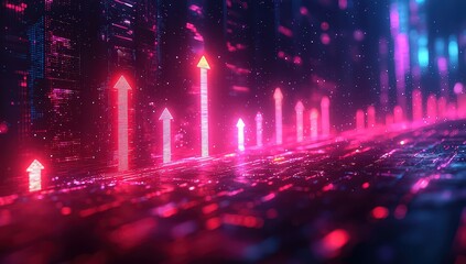 glowing arrows pointing upwards on the background of a digital graph with an upward trend and blurred, neon-colored lights for a business growth concept. 