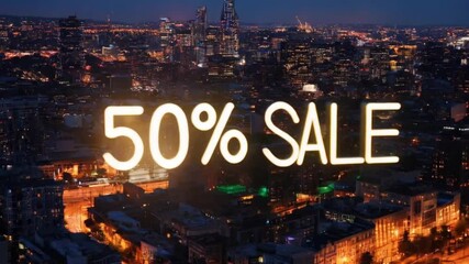 50% SALE'' text overlaying a blurred cityscape with bokeh lights. Ideal for Black Friday and Cyber Monday concepts. Includes copy space for a website banner. - Powered by Adobe
