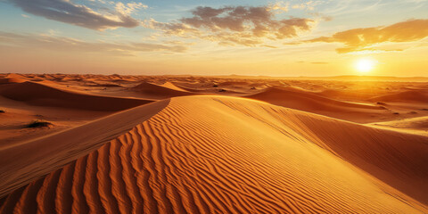 Naklejka premium The sun sets low over the vast Sahara Desert, casting long, dramatic shadows across the rolling dunes, with golden light illuminating the rippling sand and creating a stunning, serene landscape