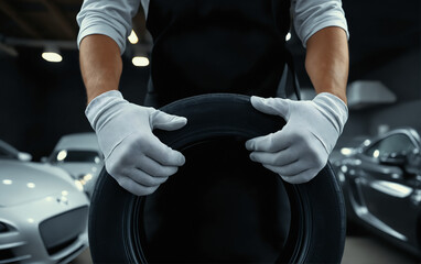 Fototapeta premium Mechanic's hands in a car tire shop close-up with a tire during a change from summer to winter tires. Safety and driving in winter.