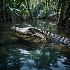 Fototapeta premium A crocodile lurking just beneath the surface of a still jungle river. 