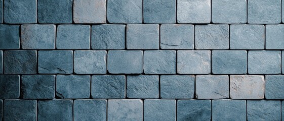 Obraz premium A close-up image of a neatly arranged stone wall featuring square, textured stones in shades of blue and gray.