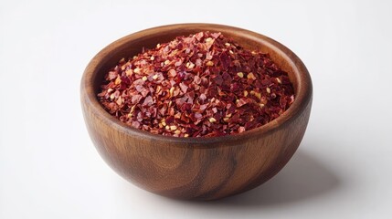 Red pepper flakes. spicy. Red chili peppers in wooden bowl on white background. 