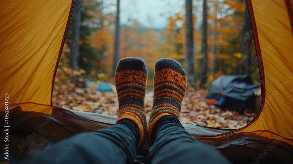 Poster a person relaxes inside a tent, showcasing warm, striped socks while enjoying the serene atmosphere 