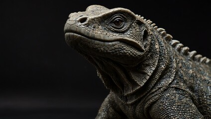 Fototapeta premium Close-up of a Komodo dragon marble statue against a plain black background.