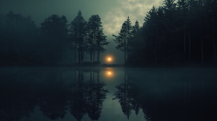 Fototapeta premium A misty sunrise over a still lake in a dark forest with tall trees silhouetted against the light.