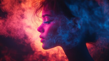 A serene silhouette illuminated by vibrant smoke colors in a mystic atmosphere at dusk