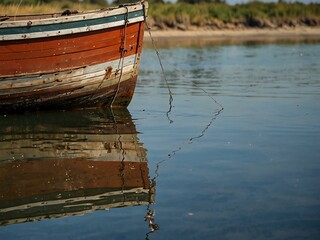 Closeup of an old fishing boat on a wooden pier, reflecting the sea's beauty