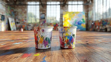 Two paint-splattered cups in an art studio.