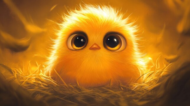 A cute, fluffy yellow chick with big eyes sits in a nest of hay.
