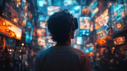 young man immersed in a virtual reality experience, surrounded by holographic images and neon lights, showcasing the future of technology in an engaging digital environment