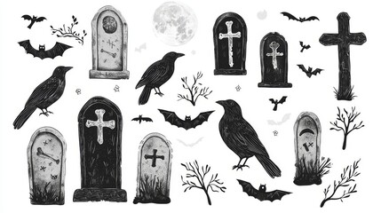 Obraz premium A haunting black and white illustration of tombstones, crows, bats, and a full moon, perfect for Halloween themes and spooky designs.