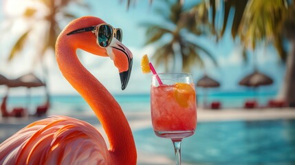 A pink flamingo with sunglasses holds a glass of tropical cocktail in front of a beach resort.