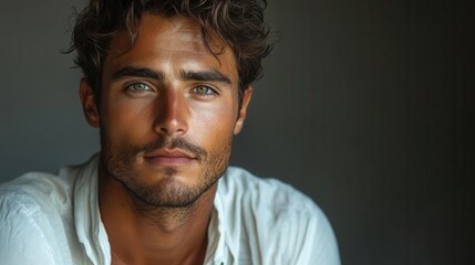 Fototapeta premium young man in a crisp white shirt confidently posing against a neutral gray background, exuding style and a modern touch