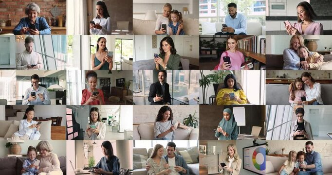 Collage zoom-in view of different ethnicity and age people using smartphones, chat, call engaged in communication at home or offices. Integration of modern tech in our life for comfort and convenience