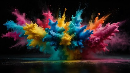 Colorful powder explosion on a white background, with abstract splashes on a black backdrop.