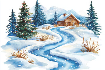 A serene winter landscape featuring a cozy cabin, snow-covered ground, and evergreen trees beside a winding blue stream.