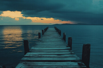 Fototapeta premium dark wooden pier extending out to calm ocean water after a stormy sunset