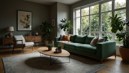 Cozy living room with green plants and a modern sofa