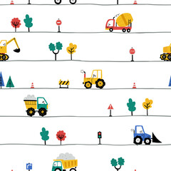 Seamless vector pattern with cute cars - Truck, tractor, cargo crane, bulldozer, excavator. Drawing for children's textiles with cars and vehicles for boys. Kids car background. Scandinavian style