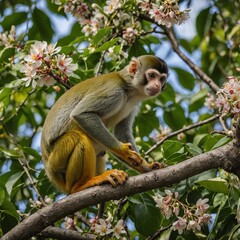 Obraz premium A squirrel monkey gathering fruits from a flowering tree. 