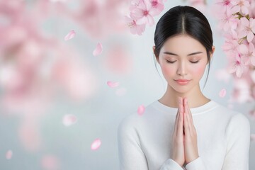 Fototapeta premium Serene young woman in prayer before a blooming cherry blossom tree with a dreamy backdrop of petals