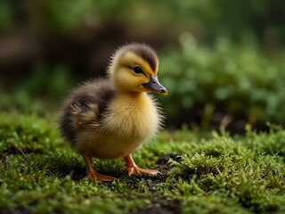 Cute duckling on green moss in natural light.