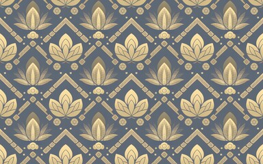 Seamless Lotus Flower and Geometric Thai Pattern, Shaped grid of arches with light gray lotus-like flowers
