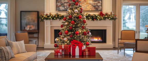 A living room with a Christmas tree and presents on a table. Scene is festive and cozy