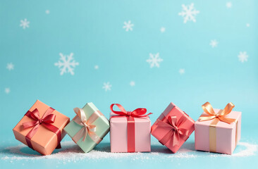 Gift boxes on snow with snowflakes on blue background.