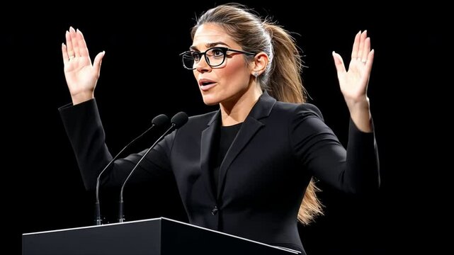 Empowering Speech: A dynamic female speaker, dressed in a sharp black suit and glasses, captivates an audience with her passionate and engaging address.